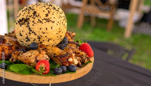 Gourmet platter of chicken, fruit, and a sphere