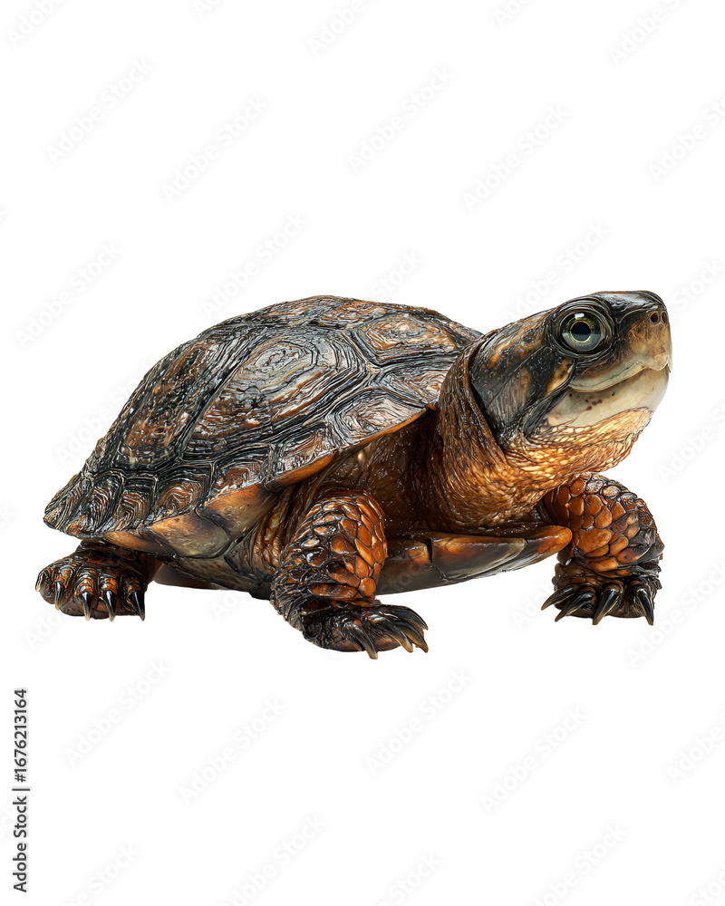 Fototapeta premium A Striking Dark Brown Turtle on Black Background Wildlife Reptile Nature Animal Shell