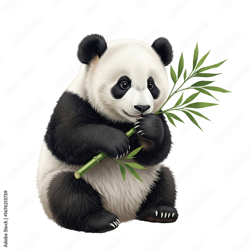 Naklejka premium Cute Panda Bear Eating Bamboo Isolated on Black Background Adorable Wildlife