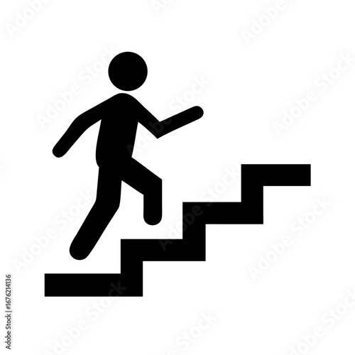 Minimalist black silhouette vector icon of a man running upstairs, symbolizing progress, ambition, business success, and personal growth. Isolated on a transparent background