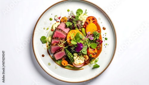 Gourmet steak dish with colorful vegetables