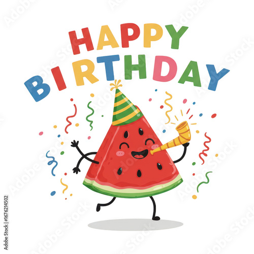 Cheerful anthropomorphic watermelon slice celebrating a happy birthday with confetti and party blower transparent background