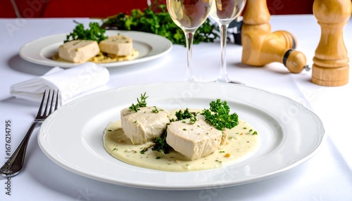 Gourmet white meat dish on a plate, with white sauce and garnish