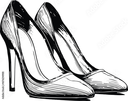 black and white line art High heels shoes, elegant minimal one-line sketch 2