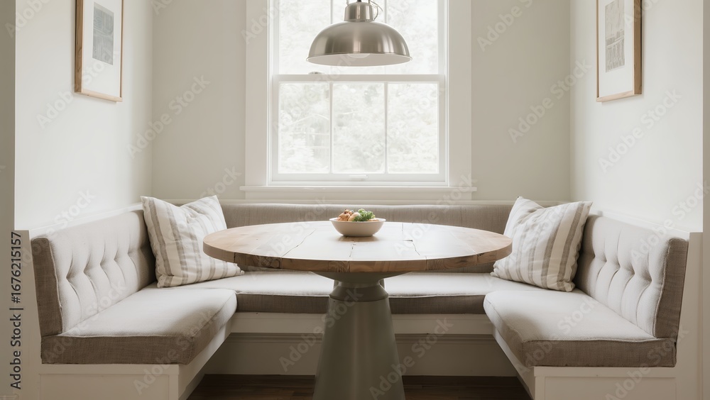 Fototapeta premium Cozy White Corner Banquette Seating with Pillows and Pendant Light in Bright Kitchen Nook