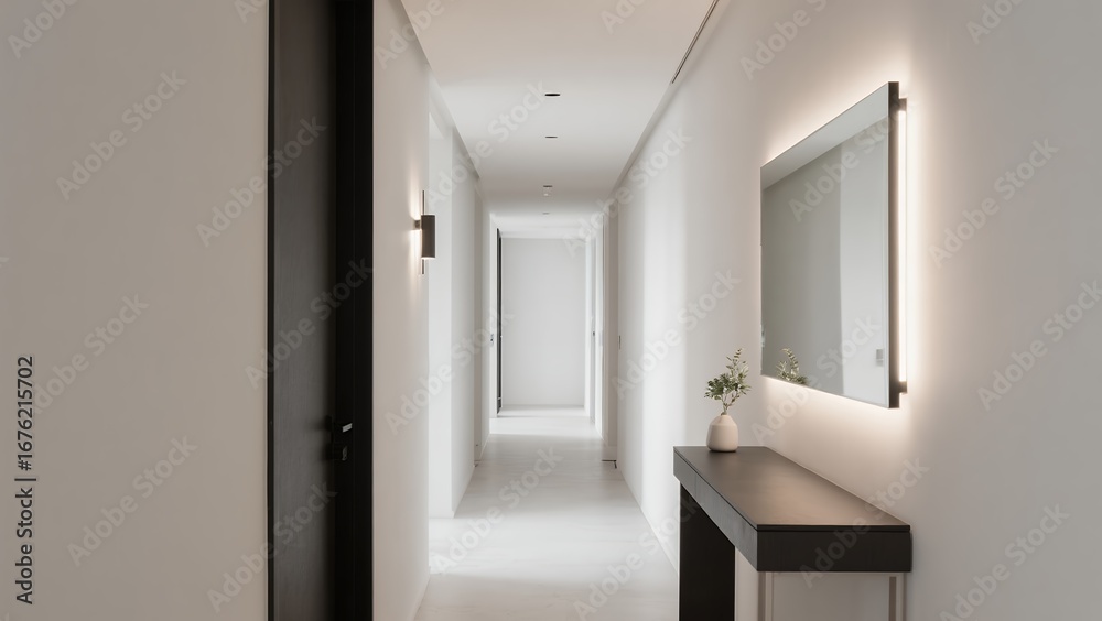 Fototapeta premium Modern Minimalist White Hallway with Wall Lights and Mirror