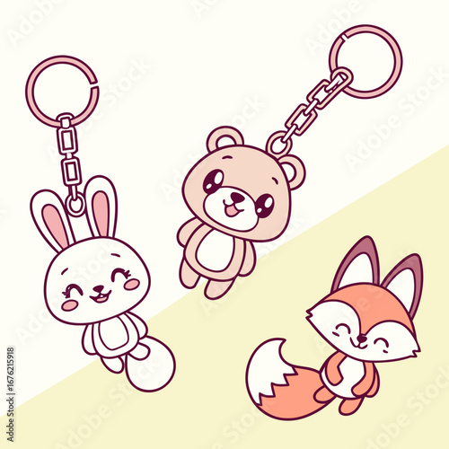  Mini plush toy style keychains of cute animals, pastel kawaii tones, vector illustration