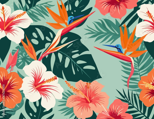 Seamless tropical pattern with various flowers. Hibiscus, bird of paradise flowers and palm leaves on a pastel background. Vector illustration