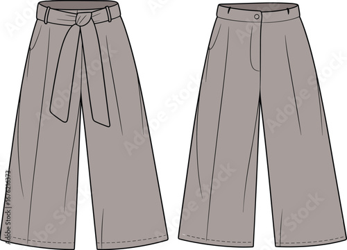 Wide leg high waist pants fashion flat sketch, front and back view, tied waist belt detail, technical vector illustration