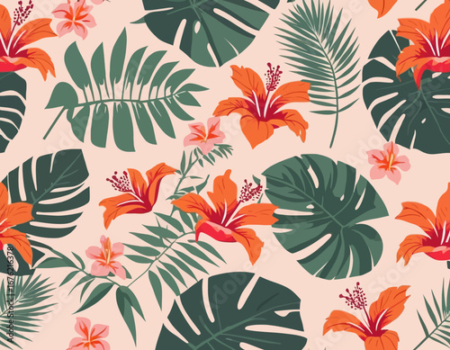 Seamless tropical pattern with various flowers. Hibiscus, bird of paradise flowers and palm leaves on a pastel background. Vector illustration