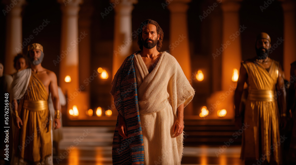 Naklejka premium Joseph stands in Egypt before the Pharaoh’s throne, embodying wisdom, divine favor, and the fulfillment of God’s plan through faith and perseverance..