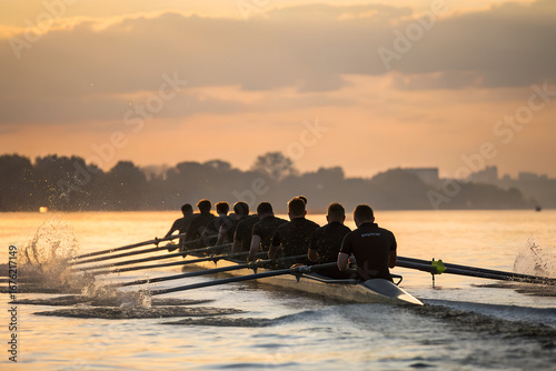 AI-generated image, Silhouette of a synchronized rowing team in a scull, training on calm water during a golden sunrise. A powerful display of teamwork and determination.
