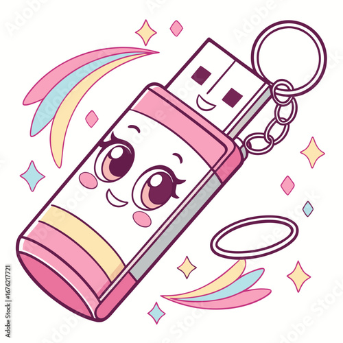 Vector USB flash drive keychain with kawaii face, pastel colors, pop art style