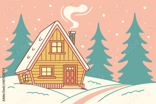 Cozy house with a chimney in a snowy landscape for winter holiday decoration concept