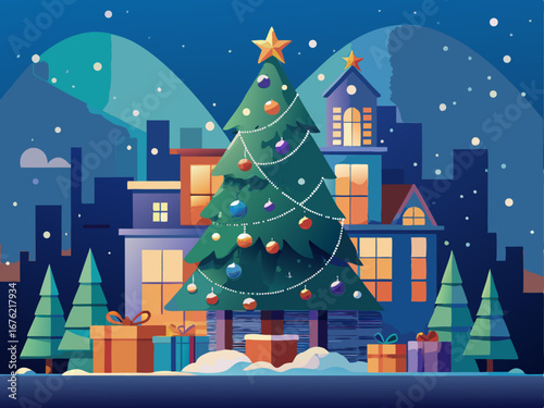 Christmas tree with colorful ornaments and gifts in a cozy urban setting for holiday celebration concept - 2
