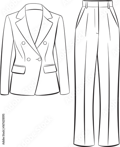 Women formal double breasted blazer and pleated trousers fashion flat sketch, technical cad drawing vector template, apparel design illustration