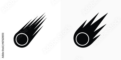 Two Meteorite Silhouette Icons with Trailing Comets on Transparent Background