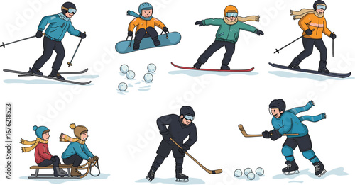 winter sports, skiing, snowboarding, ice hockey, snowball fight, winter activities, snow, sledding, outdoor fun