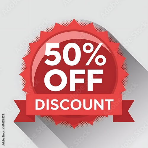 Sale discount 50 percent off red badge sticker label promotion template for clearance advertising retail campaign online shopping marketing event seasonal special offer and price announcement