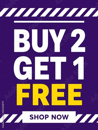 Buy 2 get 1 free promotional banner design with purple background white and yellow typography shop now call to action advertising template for online store sale seasonal marketing offer