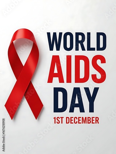 Charity and social awareness campaign flyer with red ribbon illustration dedicated to world aids day december 1st highlighting hiv prevention, healthcare education, global solidarity, testing and med