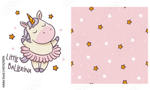 Vector set for printing on children's products. A cute pony ballerina dances ballet, lettering. Seamless vector pattern with stars. Vector illustration
