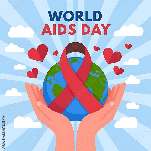 World aids day awareness illustration with red ribbon around earth in hands, global hiv prevention support, healthcare concept background, charity event, medical poster design for education campaign