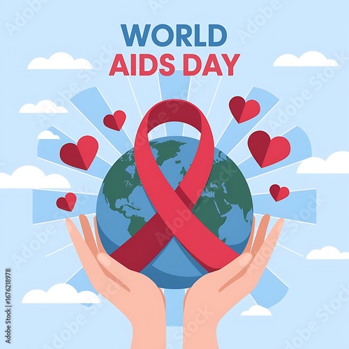 Hiv prevention and world aids day illustration with red ribbon symbol and globe in protective hands, awareness poster design for health campaign, medical background, social care and education theme