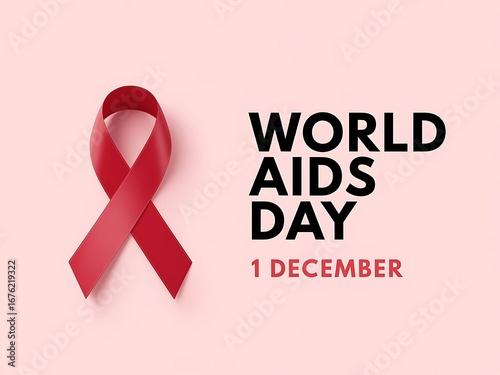 World aids day poster with red awareness ribbon symbolizing hiv and aids prevention, healthcare solidarity, charity campaign support, global health advocacy and medical education design concept