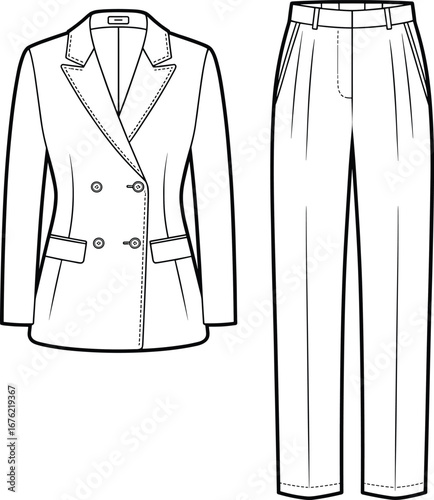 Women’s double breasted blazer and pleated trouser flat sketch, front view, fashion CAD, vector technical drawing, sewing design