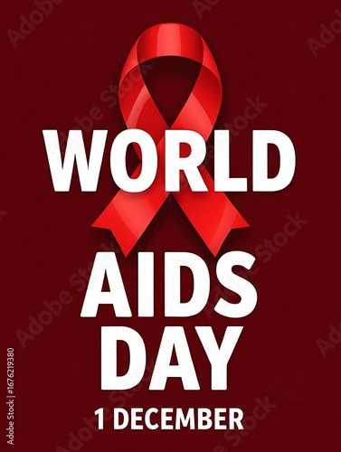 Red ribbon awareness design for world aids day 1 december featuring large ribbon, bold headline, representing hiv prevention, charity support and healthcare education on pink background
