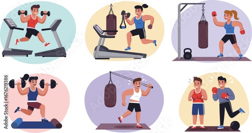 fitness training illustration, gym workout vector, people exercising with dumbbells, treadmill, boxing gloves, punching bag, healthy lifestyle