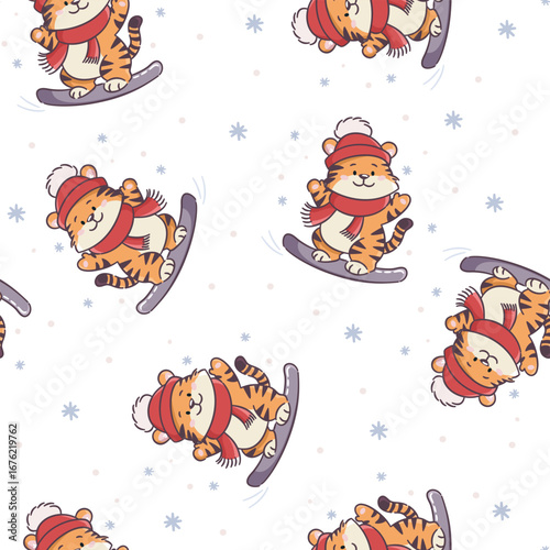 Seamless vector pattern on a white background. A cute tiger wearing a winter hat and scarf is snowboarding, surrounded by snowflakes. Vector illustration