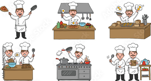 Cartoon chefs cooking, pizza making, baking bread, kitchen cooking, food preparation, restaurant chefs, culinary skills