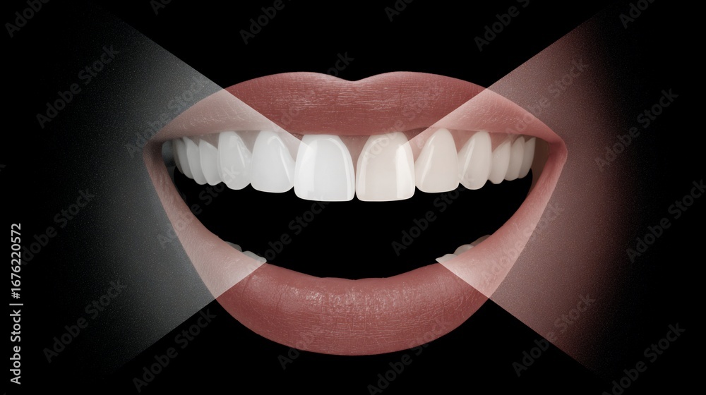 Naklejka premium Close Up Smiling Mouth with White Teeth and Pink Lips on Black Background