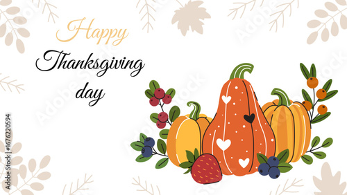 Thanksgiving banner. Cute bright poster with pumpkins, leaves and berries. Template of postcard, greetings, invitations for Thanksgiving, harvest festival and other autumn holidays.