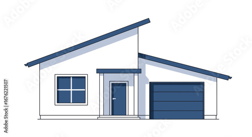 Modern minimalist house facade featuring a sleek blue door and garage, creating inviting curb appeal for design projects.