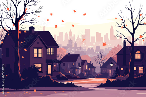 Cozy suburban homes glow warmly as autumn leaves drift past silhouetted trees against a distant city skyline at dusk