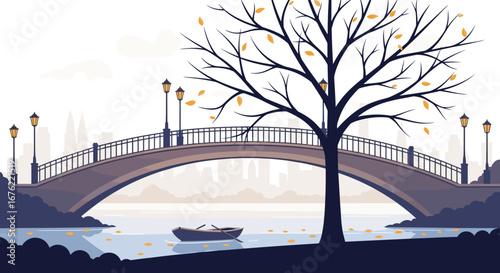Serene autumn scene with a lone boat on calm water beneath a picturesque arched bridge and bare tree, evoking peaceful contemplation and quiet beauty.
