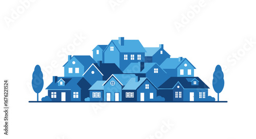 Charming blue neighborhood cityscape with diverse houses and trees, representing community and residential living