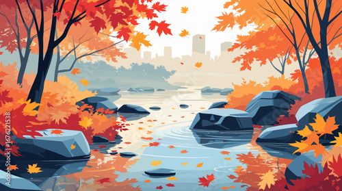 Vibrant autumn leaves drift onto tranquil water with a city skyline softly gracing the horizon