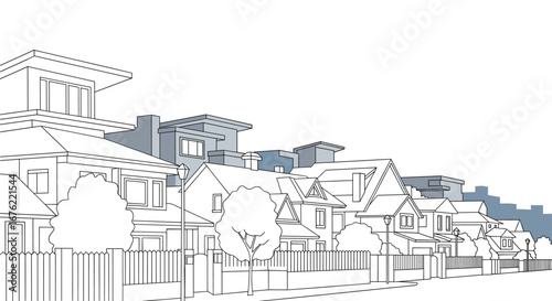 Charming suburban street lined with diverse homes and manicured trees, perfect for real estate or neighborhood themes
