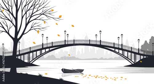 Elegant arched bridge with ornate lampposts spans tranquil river, lone rowboat awaits amidst falling autumn leaves and city skyline silhouette
