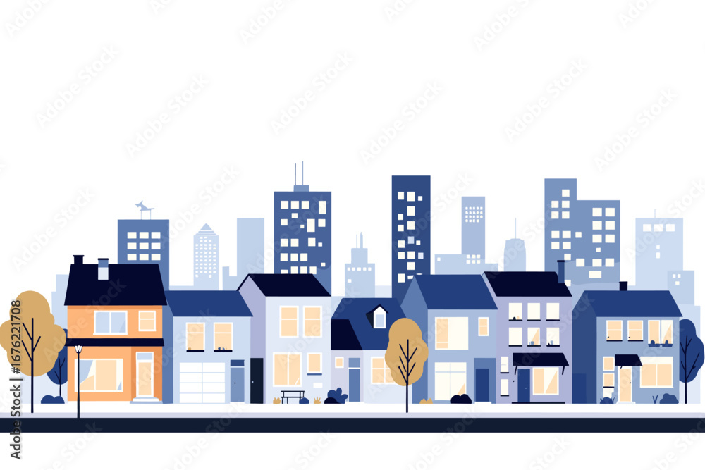 Obraz premium Charming neighborhood street with diverse houses and city skyline creating a welcoming urban landscape for modern living.
