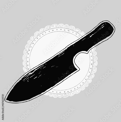 Black silhouette of kitchen knife on grey background, decorative design for culinary themes