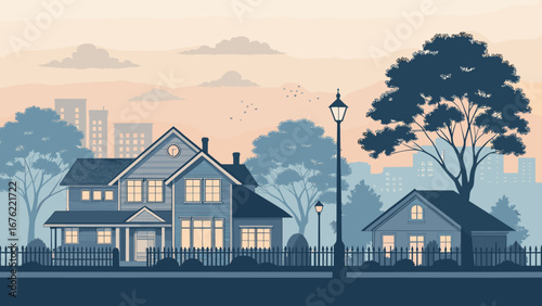 Charming suburban neighborhood at dusk with warm lights glowing from houses and city skyline in the distance