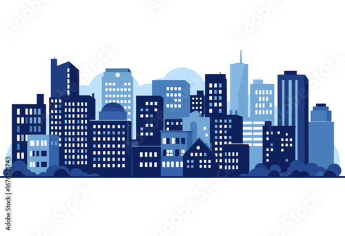 Vibrant modern cityscape illustration with diverse blue skyscrapers and glowing windows, perfect for business and urban themes