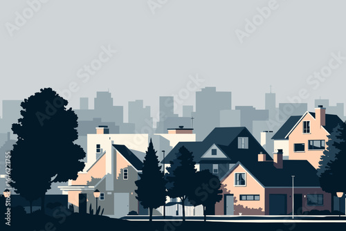 Charming suburban streetscape with modern houses and city skyline backdrop, evoking peaceful residential living and urban proximity