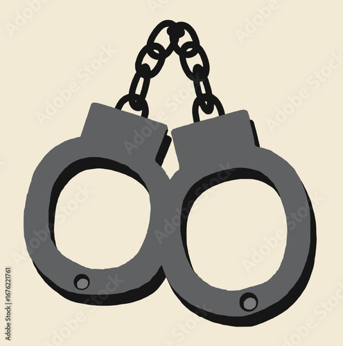 Black handcuffs on grey background, minimalist design for law enforcement and security concept