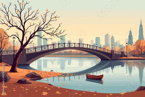 Serene autumn park scene with a bridge, calm water, a lone canoe, and a distant city skyline, evoking peaceful reflection and seasonal beauty.